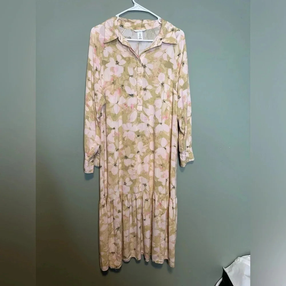 H&M WOMENS SIZE MEDIUM PINK LONG SLEEVE FLORAL SHIRT DRESS PEASANT ANKLE